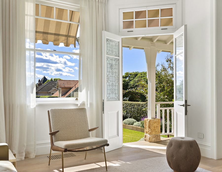 A pair of white French doors standing open