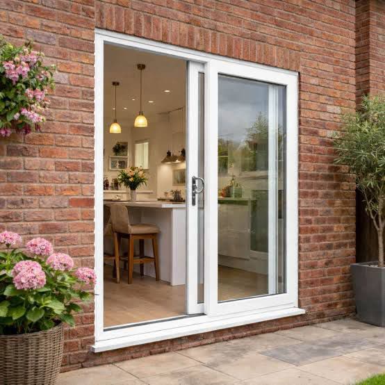 White uPVC sliding patio door open onto a patio, fitted by URG