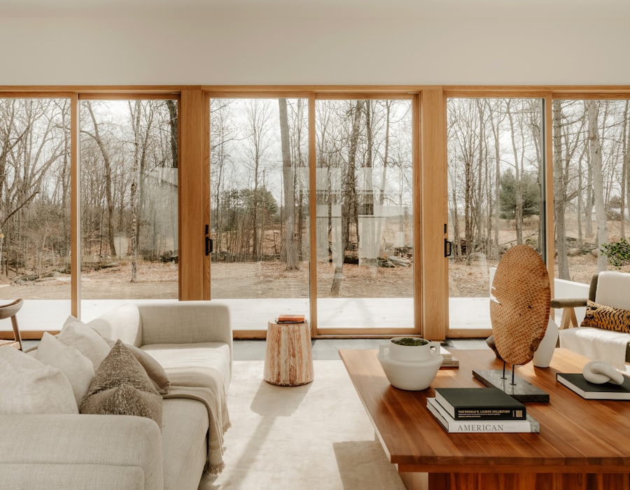 Large sliding patio doors in a living room looking onto a garden